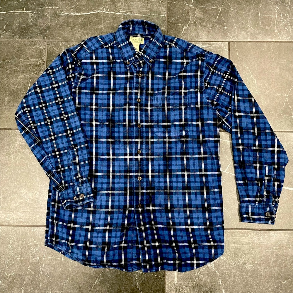 LL Bean Flannel Shirt Men Medium Regular Blue Plaid Check Long Sleeve USA